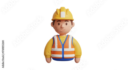 3D Cartoon Construction Worker with Yellow Hard Hat and Safety Vest.