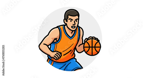 Cartoon Basketball Player Dribbling Ball in Orange and Blue Uniform.