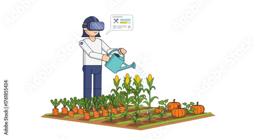 Person in VR headset watering crops in a digital garden.