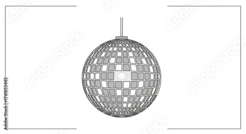 A detailed illustration of a classic disco ball with many reflective square facets.
