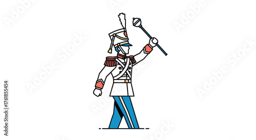 A stylized illustration of a marching band drum major in a traditional white blue and red uniform.