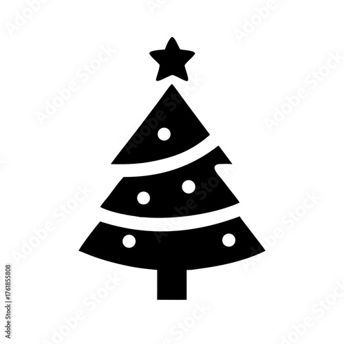 Black and white solid vector icon of a decorated Christmas tree with star on top and layered branches