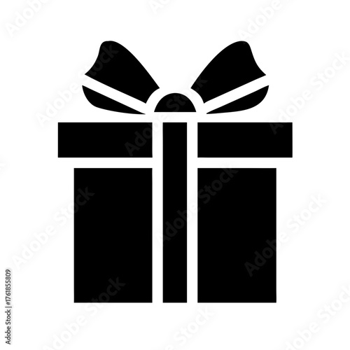 Black and white solid vector icon of a gift box with ribbon and bow
