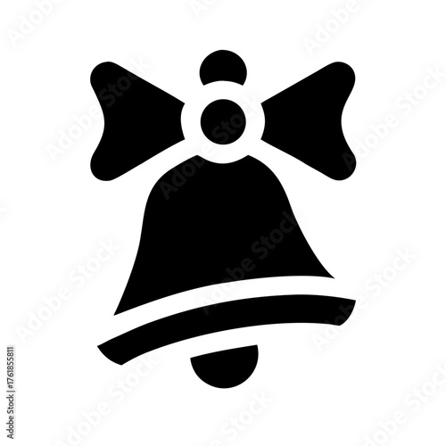 Black and white solid vector icon of a Christmas bell with bow on top