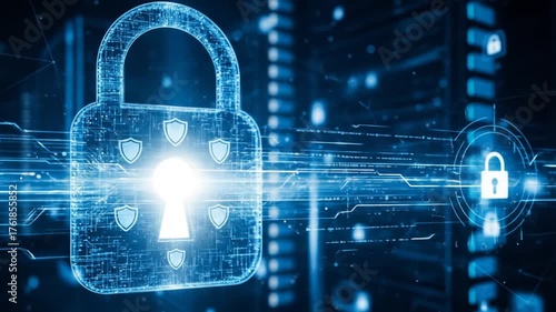 Digital fortress A luminous padlock protects data in a hightech virtual realm