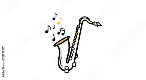 Cartoon Saxophone Playing Music with Floating Notes Illustration.