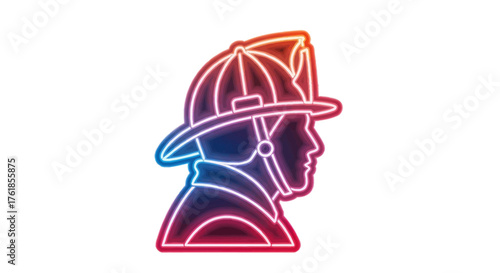 Neon gradient line art icon of a firefighters head in profile wearing a helmet.