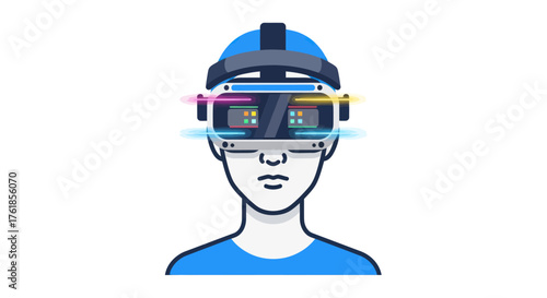 Futuristic person wearing a virtual reality headset with digital glitch effects.