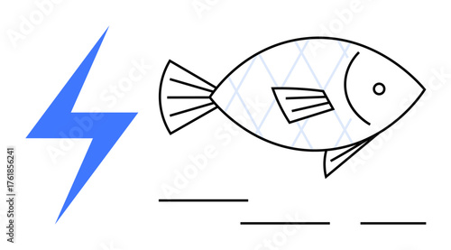 Blue lightning bolt with fish outline, hinting energy, nature balance, or sustainability. Ideal for energy, ecology, nature, innovation environment sustainability and conservation themes. Simple