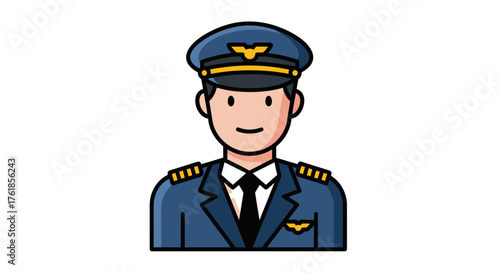 Cartoon illustration of a smiling male pilot in uniform with hat.