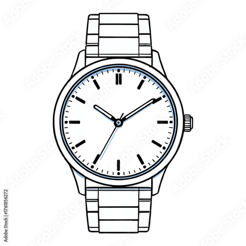 White Watch Face with Black Hands on Transparent Background, Minimalist Design Element for Web Design