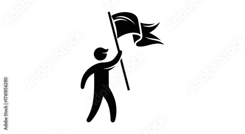 Silhouette of a person holding a waving flag on a pole.
