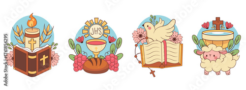 Fun religious sticker sheet with bible chalice lamb and dove icons in cartoon style