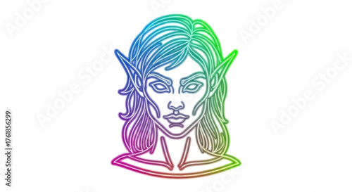 Mystical Elf Woman with Rainbow Gradient Hair and Pointed Ears.