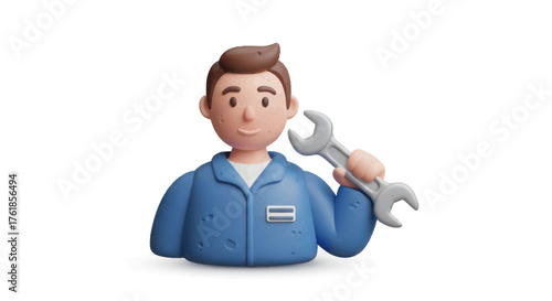 Cartoon Mechanic Character Holding a Wrench Ready for Repairs.