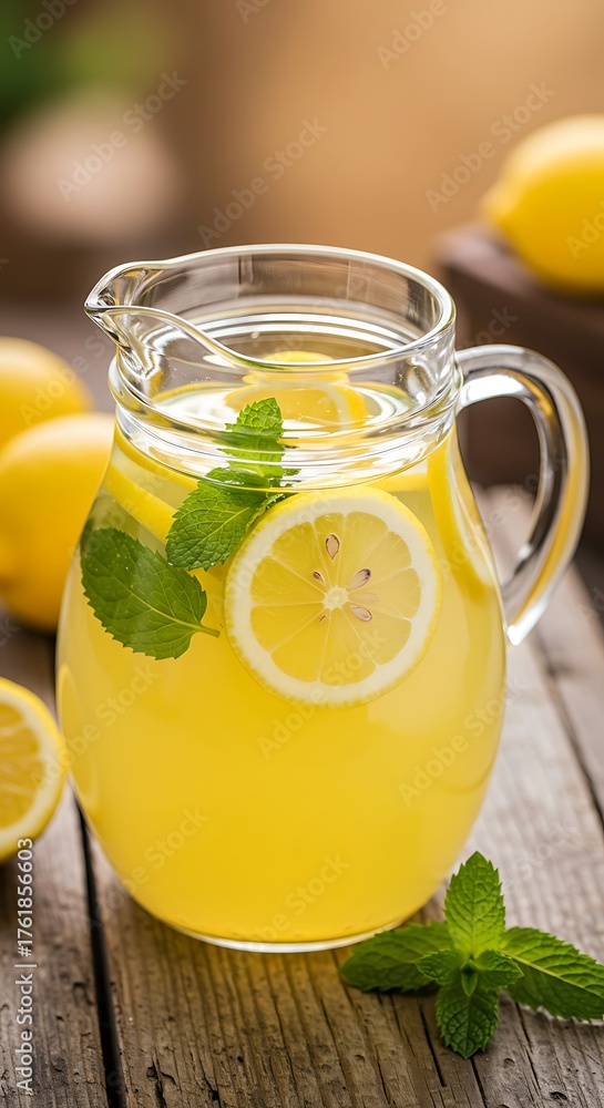 Fototapeta premium Fresh Homemade Lemonade in a Glass Pitcher with Mint Leaves.