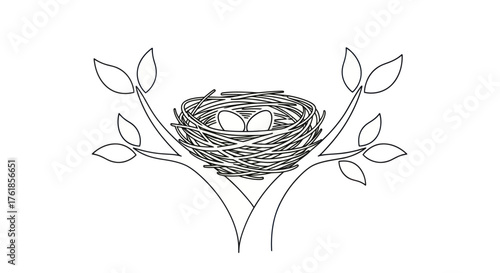 Birds Nest with Eggs on Tree Branches Black and White Outline.