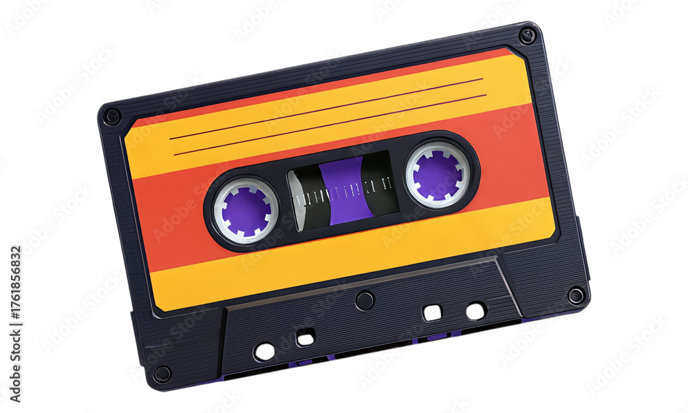 Obraz premium Yellow and Red Cassette Tape with Black Texture, Glossy Design Element on Transparent Background