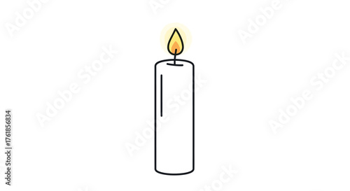 A tall white cylindrical candle with a bright flickering flame.