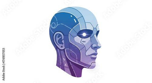 Futuristic Robotic Humanoid Head with Glowing Blue Eyes.