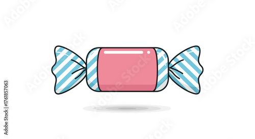 A single pink candy wrapped in striped paper with twisted ends.