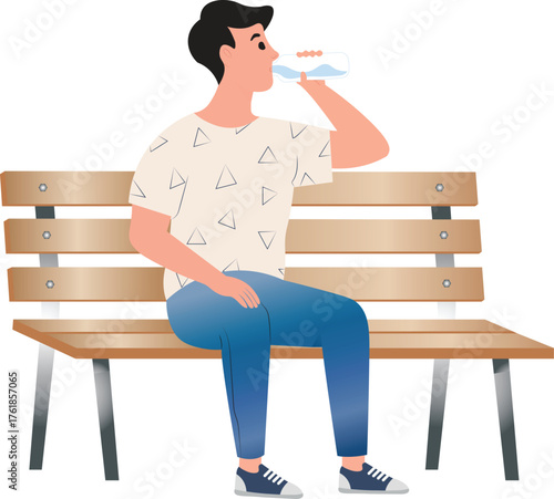 Refreshing Hydration A Man Takes a Break and Drinks Water on a Park Bench, Flat Illustration. The image showcases a person taking a drink