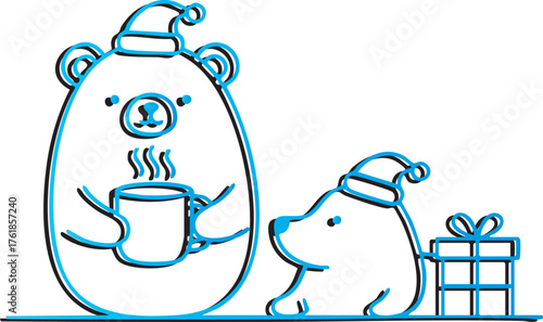 Cute cartoon bears celebrating Christmas with a hot drink and a gift, festive holiday illustration