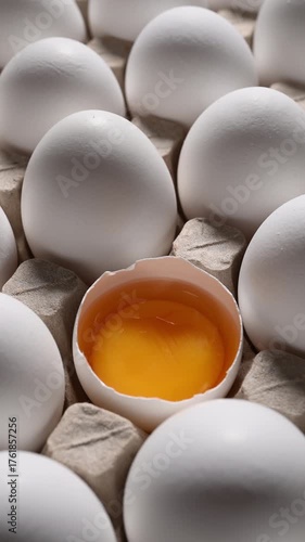 Vertical video: Angle view of an egg carton with neat rows of white eggs. The camera orbits around a single half-opened egg with a fresh, golden yolk in the center, highlighting its appetizing quality
