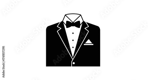 Formal Black Tuxedo with Bow Tie and Pocket Square Icon.