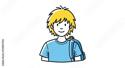 Smiling Cartoon Boy with Blonde Spiky Hair and Blue Backpack.
