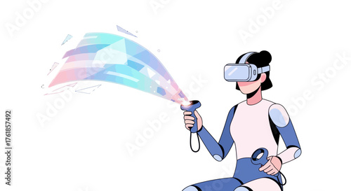 Female character in VR headset holding controller interacting with colorful virtual reality stream.