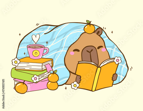 Cute Capybara Reading Book TBR Vibe under cozy blanket with Stack books, Animal Bookish Cartoon Hand Drawn Illustration