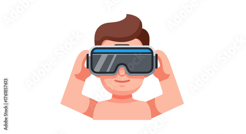 Cartoon Man Wearing Virtual Reality Headset Holding It.