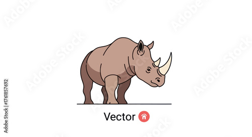 Cartoon Rhinoceros Illustration with Large Horn and Thick Skin.