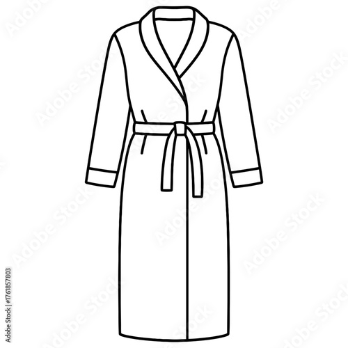 Bathrobe outline icon with shawl collar and tie belt, black line on white