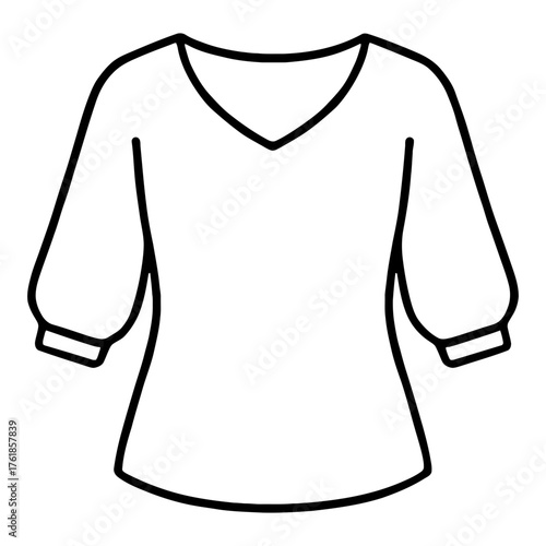 Blouse outline icon with V-neck and 3/4 puff sleeves, black line art on white