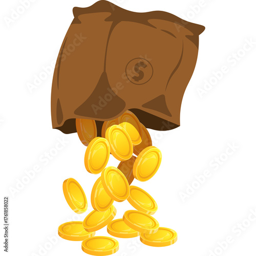 Brown Sack Spilling Gold Coins With Dollar Sign Icon On Transparent Background