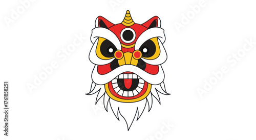 Vibrant Chinese Lion Dance Head Illustration with Red and Gold Details.