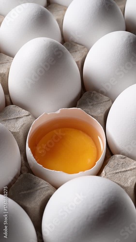 Vertical video: Angle view of an egg carton with neat rows of white eggs. The camera orbits around a single half-opened egg with a fresh, golden yolk in the center, highlighting its appetizing quality