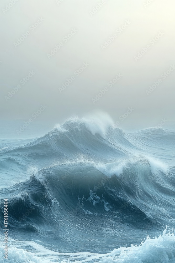 Fototapeta premium Massive turquoise ocean waves cresting and breaking with frothy white foam under a serene, bright mist-shrouded sky, capturing the raw power and majestic beauty of the sea.