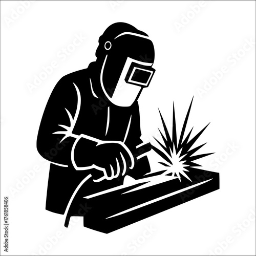 Welder silhouette performing metal welding, industrial fabrication illustration, construction and engineering concept, logo design, workshop poster, manufacturing and craftsmanship graphic