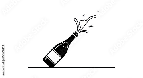 Black and white illustration of a champagne bottle with a celebratory splash.