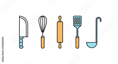 Colorful Flat Design Kitchen Utensils Icons Set.