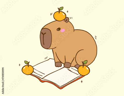 Cute Capybara Reading Book, Animal Bookish Cartoon Hand Drawn Illustration
