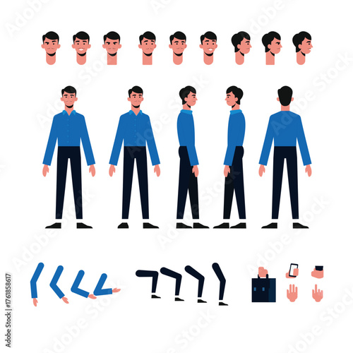 Character design sheet showcasing a young man with various facial expressions poses and accessories for animation or game development projects requiring customizable avatars
