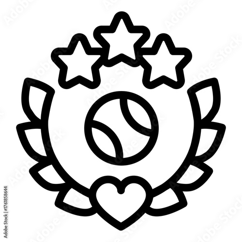 Ball on wreath emblem line icon, baseball game concept. Vector graphics. Baseball ball with branches, heart and stars sign on white background, style icon mobile or web design.