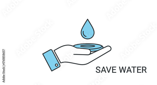 Hand catching a falling water drop with Save Water text.