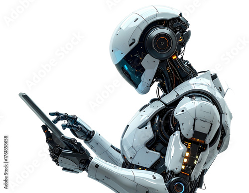 Three-Quarter Perspective of High-Tech Robot Interacting with Digital Interface, Concept of Human-Machine Interaction, Isolated on White Background