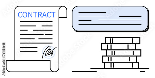 Contract paper with signature alongside a digital database layout. Ideal for legal agreement, document signing, data archiving, resource management, digital storage, compliance, simple flat metaphor