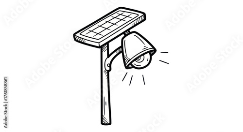 Hand-drawn illustration of a solar-powered street lamp with light rays.